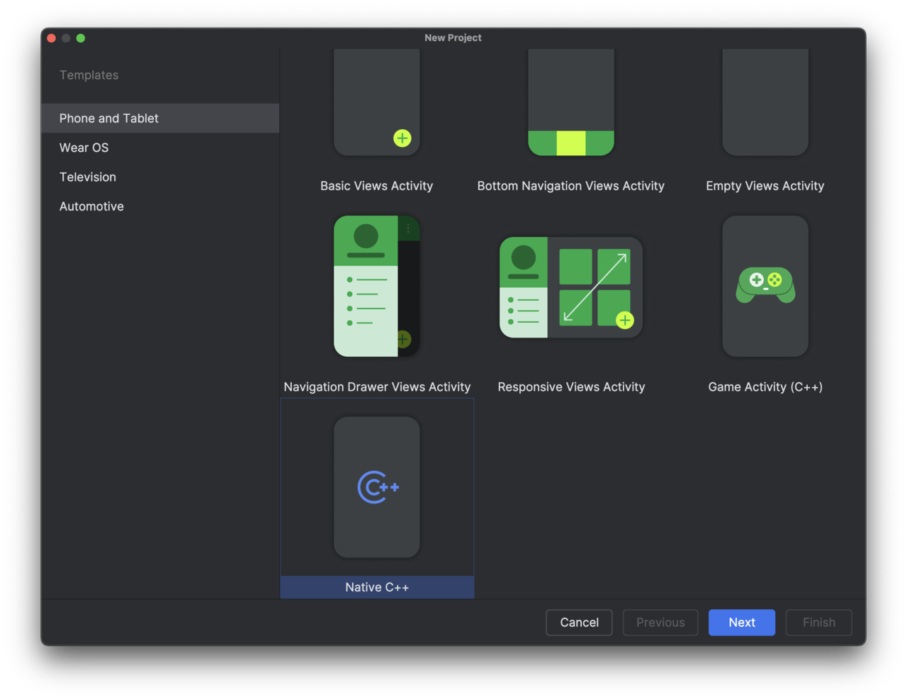 Image Alt Text:Android Studio New Project dialog showing Native C++ template selected. The dialog displays options for project name, language, and minimum SDK. The primary subject is the Native C++ template highlighted in the project creation workflow. The wider environment is a typical Android Studio interface with a neutral, technical tone. Visible text includes Native C++ and fields for configuring the new project.