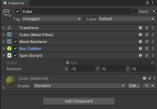 Image Alt Text:Spin component on the Cube object