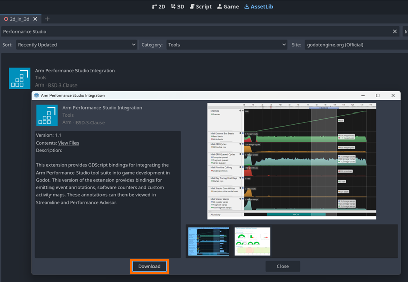Image Alt Text:Extension download dialog in Godot