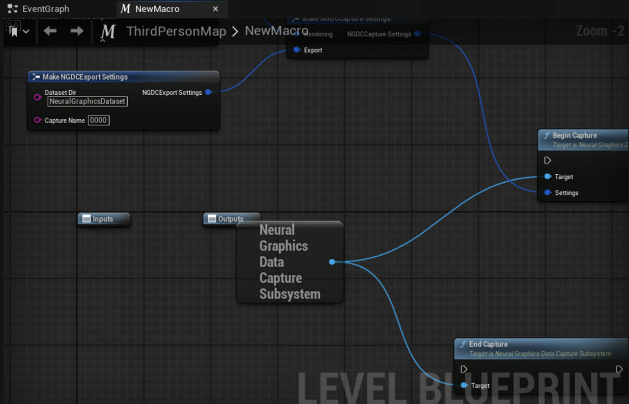 Image Alt Text:Close-up screenshot of the Level Blueprint showing the capture settings nodes and the Neural Graphics Data Capture Subsystem being wired to Begin Capture and End Capture nodes. This shows how the settings are configured.