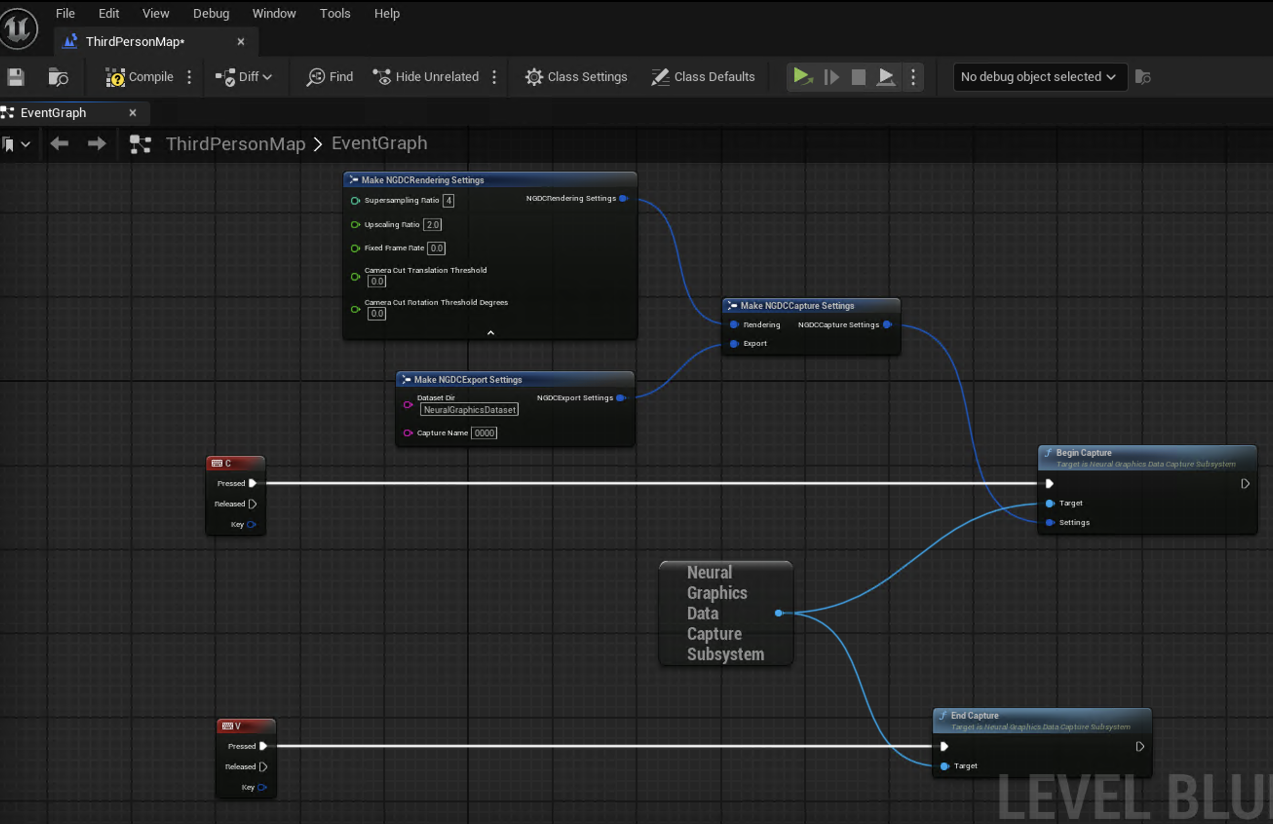 Image Alt Text:Screenshot of the complete Level Blueprint event graph showing keyboard input C connected to Begin Capture and keyboard input V connected to End Capture, with all necessary settings nodes connected. This is the expected final blueprint configuration.