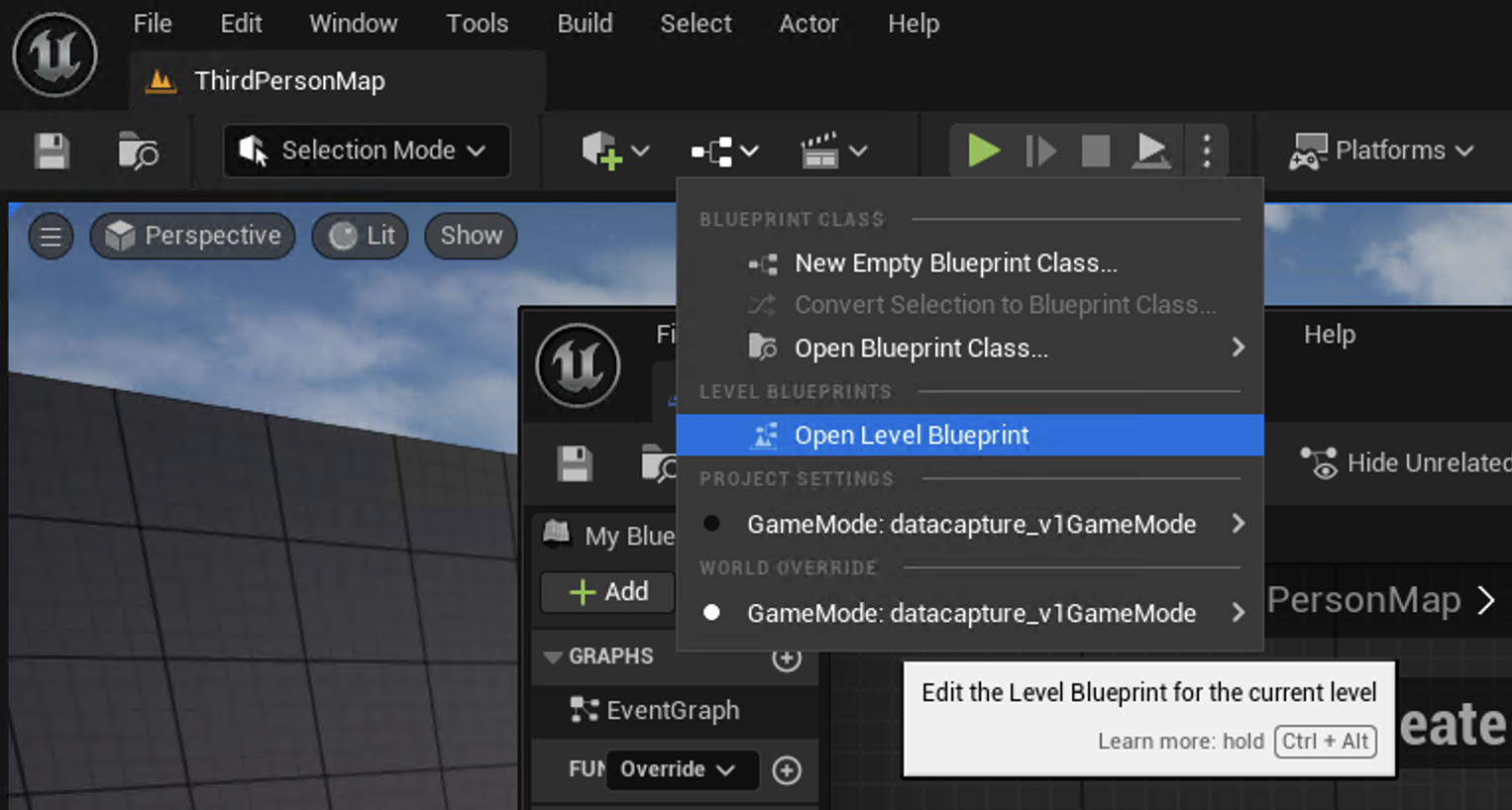 Image Alt Text:Screenshot of the Unreal Engine toolbar showing the Blueprints menu expanded with Open Level Blueprint option highlighted. Select this option to open the blueprint editor.