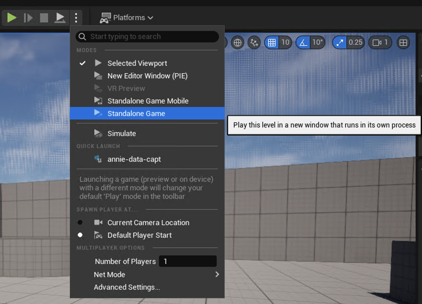 Image Alt Text:Screenshot of the Unreal Engine Play mode dropdown menu with Standalone Game option highlighted. Select this option instead of Play in Editor to ensure correct frame dimensions.