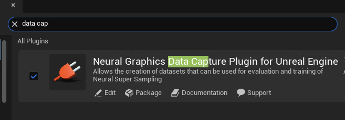 Image Alt Text:Screenshot of the Unreal Engine Plugins window with the search results showing Neural Graphics Data Capture Plugin for Unreal Engine with the enabled checkbox selected. This confirms the plugin is active.
