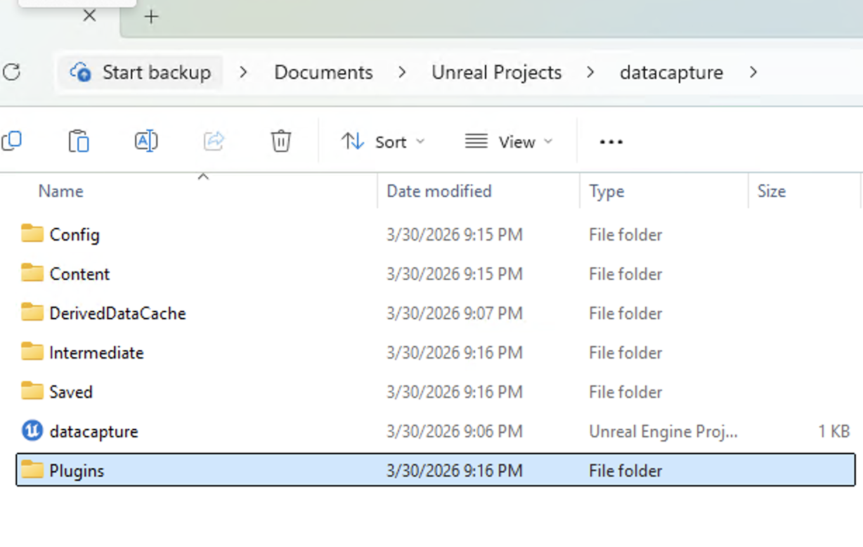 Image Alt Text:Screenshot of Windows File Explorer showing the project root directory with a Plugins folder containing the NeuralGraphicsDataCapture folder. This confirms the plugin is in the correct location.