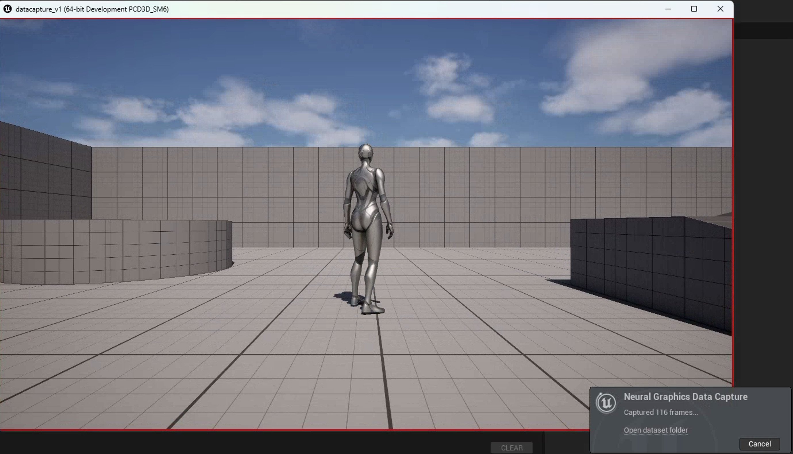 Image Alt Text:Screenshot of the Standalone Game window during active capture showing the game viewport with the character visible. This shows what you&rsquo;ll see while frames are being captured.