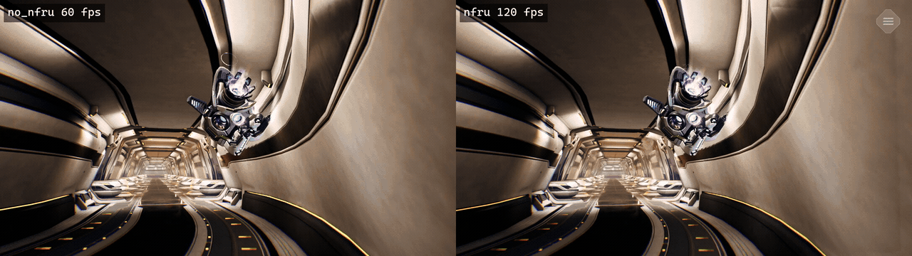Image Alt Text:Animated comparison of the same Moku scene with NFRU disabled and enabled, showing smoother motion with generated intermediate frames