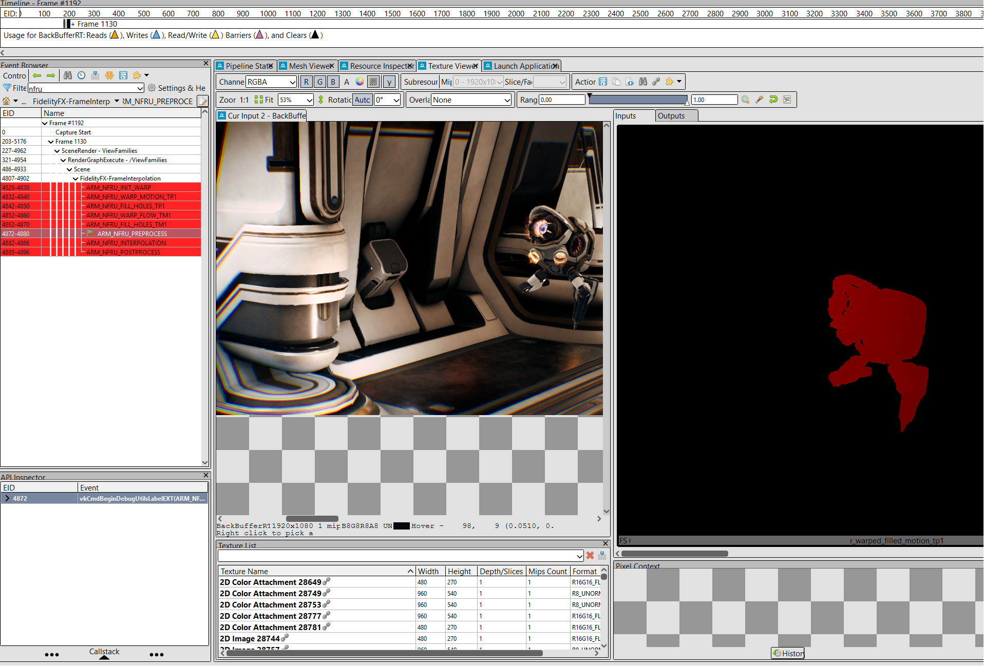 Image Alt Text:RenderDoc capture showing NFRU frame-generation events and resources to inspect the generated frame