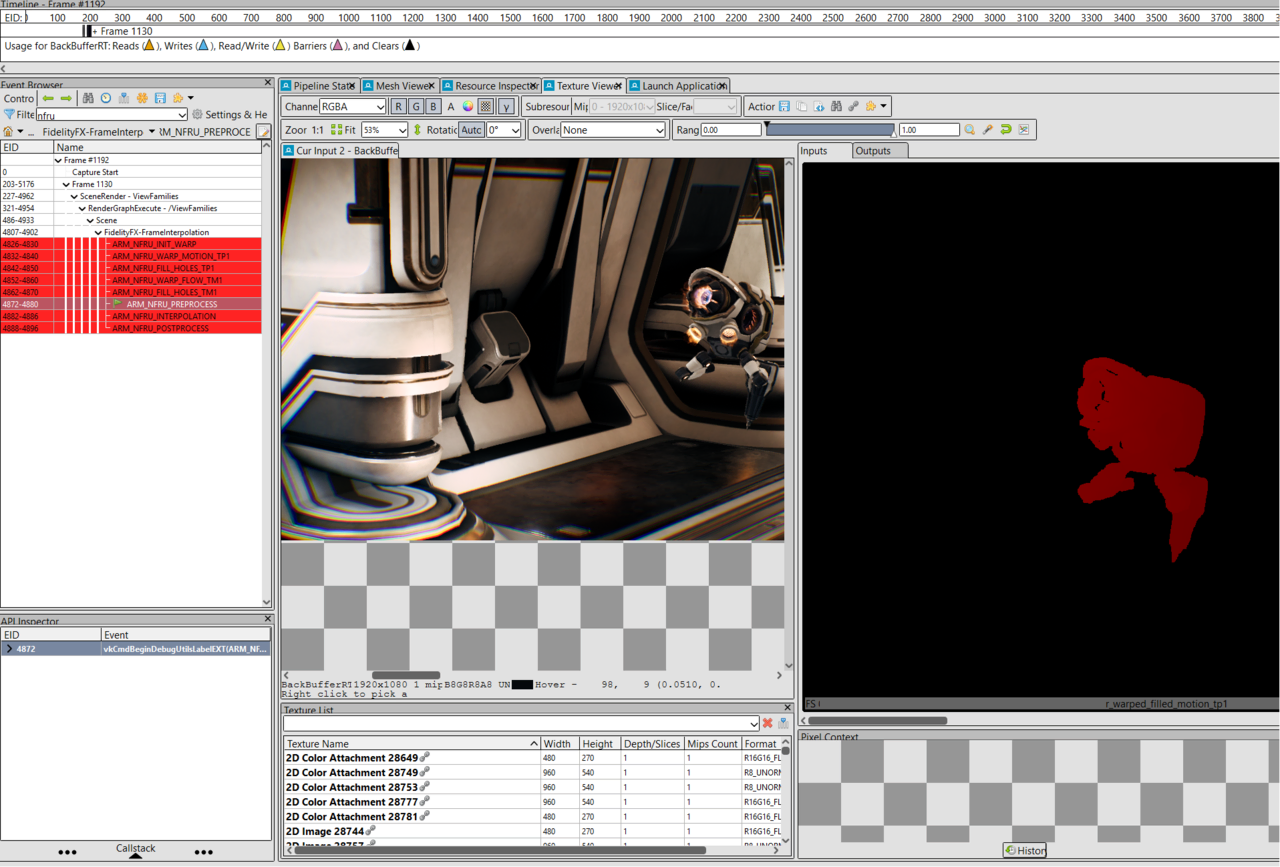 Image Alt Text:RenderDoc capture showing NFRU frame-generation events and resources to inspect the generated frame