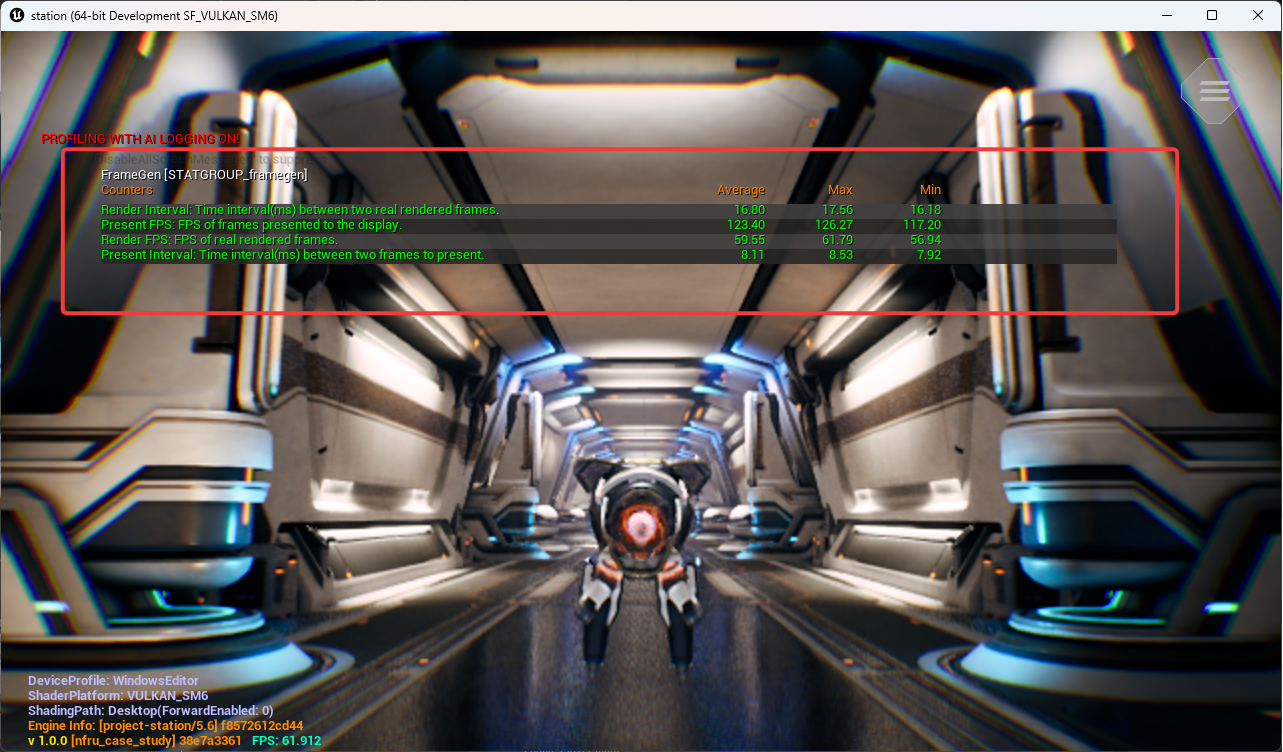 Image Alt Text:Unreal stat framegen overlay showing render FPS, present FPS, render interval, and present interval for NFRU performance analysis