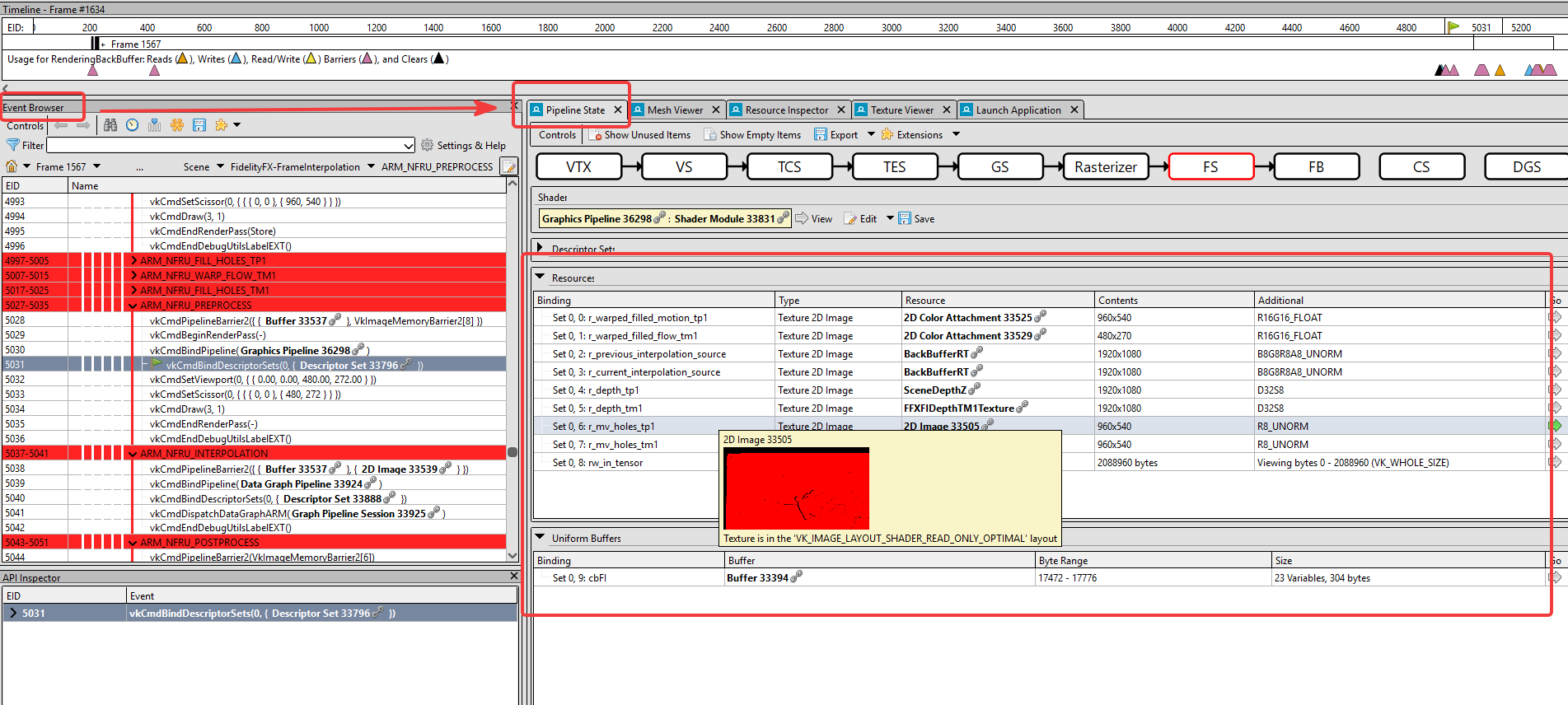 Image Alt Text:RenderDoc resource inspection showing bound NFRU textures and tensor resources used to verify frame-generation inputs and outputs