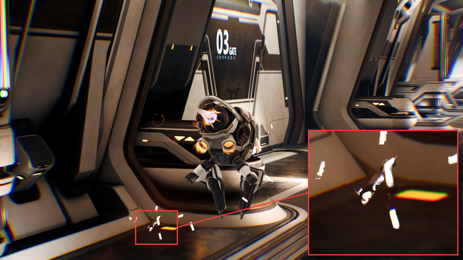 Image Alt Text:Marked particle distortion area in the generated frame, with a zoomed inset showing stretched bright particles near the floor