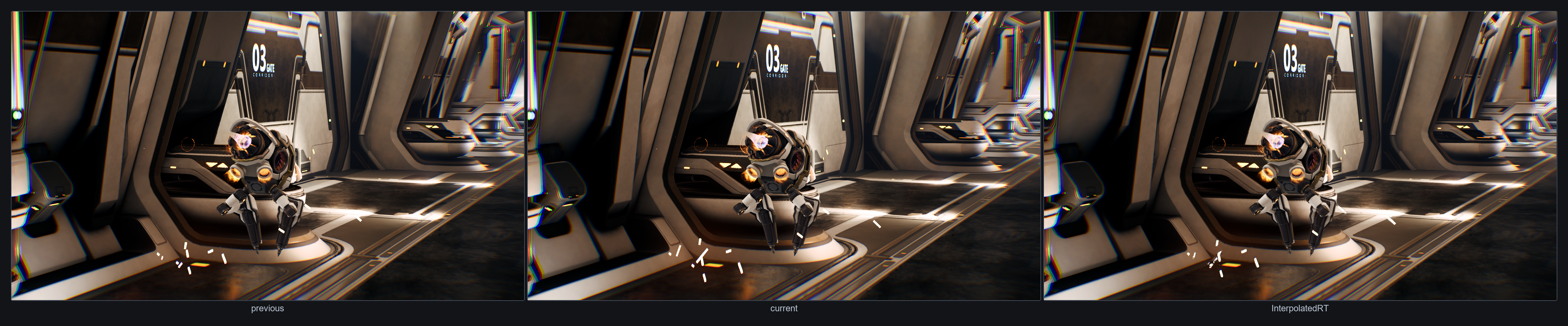 Image Alt Text:Side-by-side comparison showing the previous frame, current frame, and InterpolatedRT frame for a particle effect