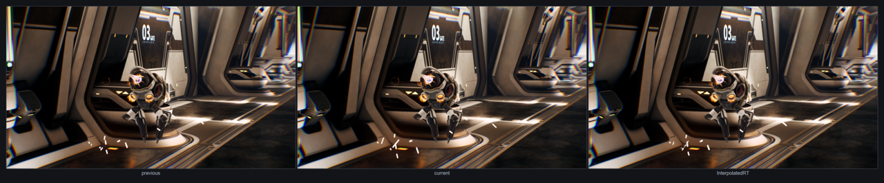 Image Alt Text:Side-by-side comparison showing the previous frame, current frame, and InterpolatedRT frame for a particle effect