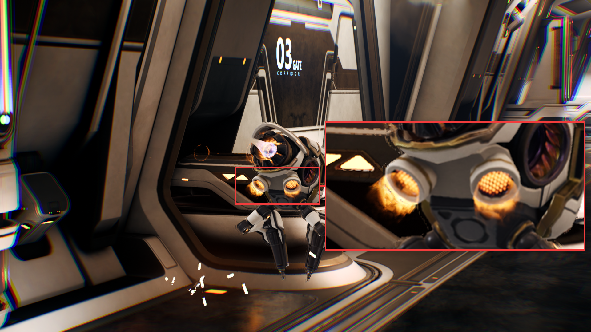 Image Alt Text:Marked thruster fire particle area in the generated frame, with a zoomed inset showing a natural-looking random fire shape near the drone exhaust