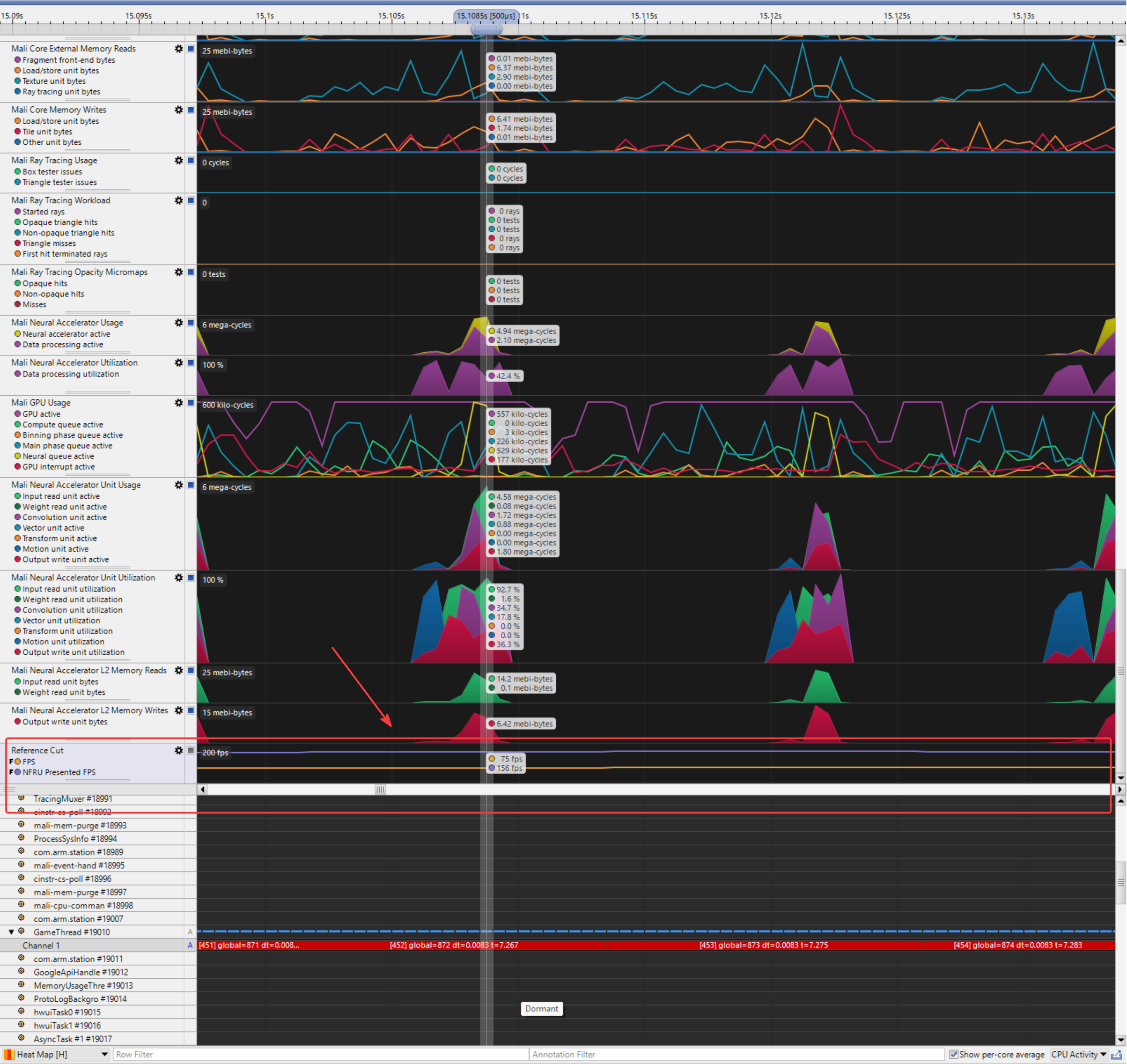 Image Alt Text:Streamline capture showing render FPS and present FPS for Moku with NFRU enabled, so you can compare rendered and displayed frame rates