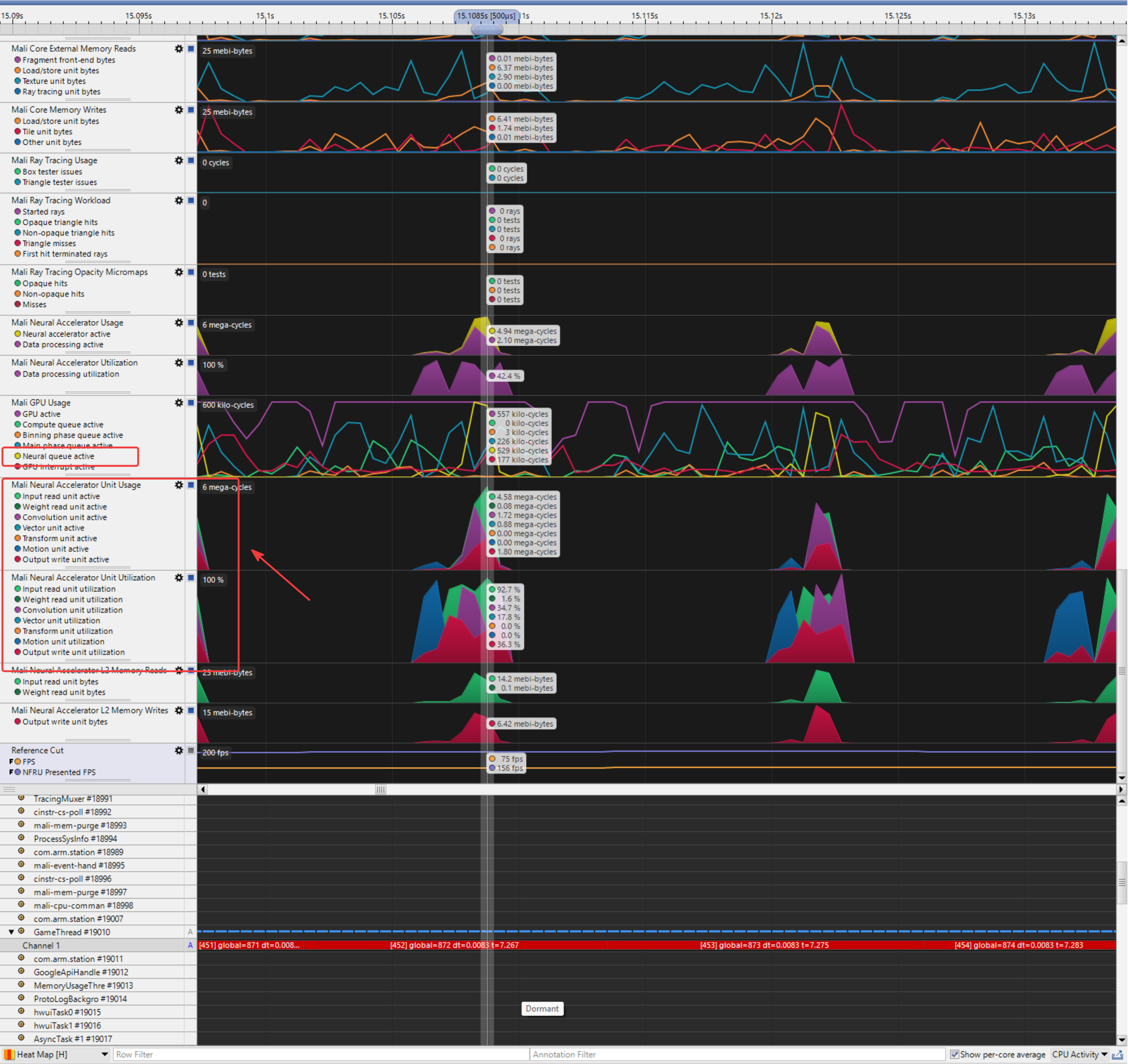 Image Alt Text:Streamline capture showing neural queue activity and Neural Accelerator Unit Usage during NFRU frame generation
