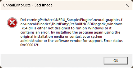 Image Alt Text:Windows Bad Image error for the Neural Graphics SDK DLL