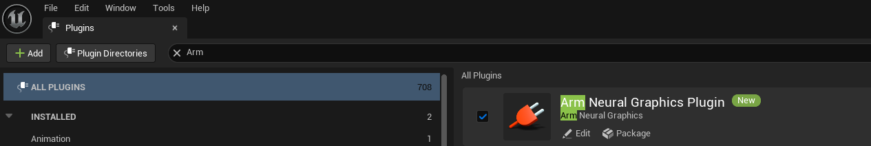 Image Alt Text:Unreal Engine Plugins window filtered for Arm, showing the Arm Neural Graphics Plugin enabled with its checkbox selected. This confirms that the plugin is ready to use in the project.