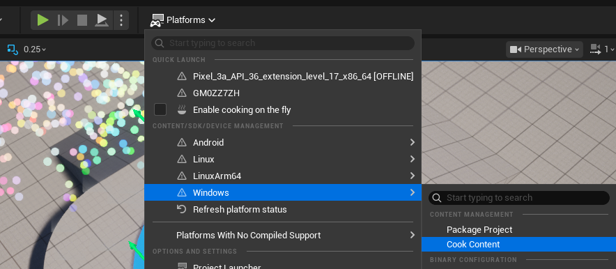 Image Alt Text:Unreal Editor Platforms menu with Windows selected and Cook Content highlighted. Select this command to prepare project assets for the non-editor Windows executable.