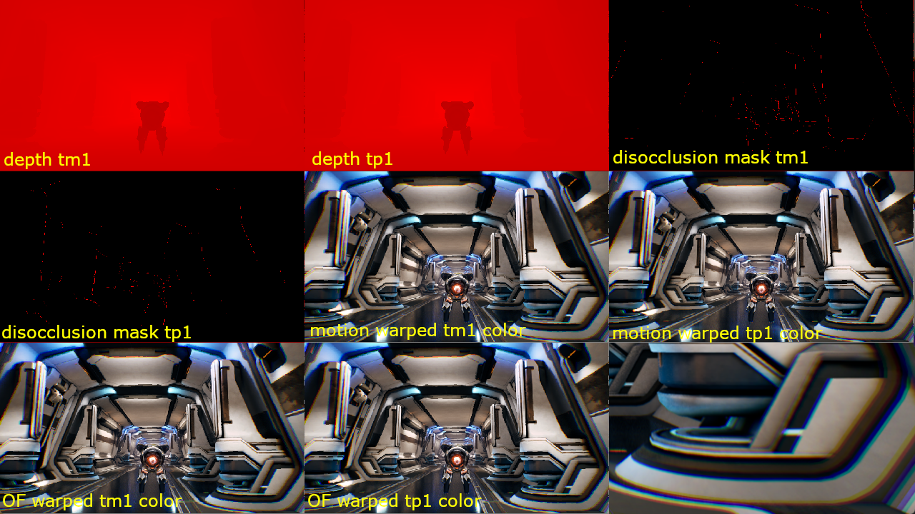 Image Alt Text:Nine-tile debug view grid showing depth, disocclusion, and warped color buffers for tm1 and tp1