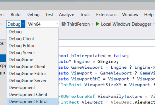 Image Alt Text:Visual Studio solution configuration menu showing the Development, DebugGame, and Editor build variants. Select a non-Editor configuration to build the Windows executable that supports NFRU.