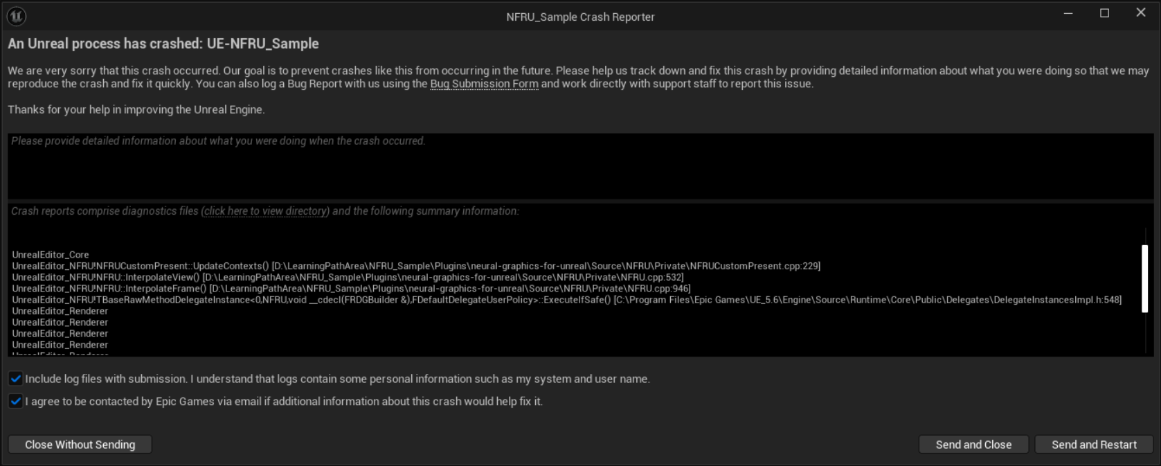 Image Alt Text:Crash dialog after enabling NFRU