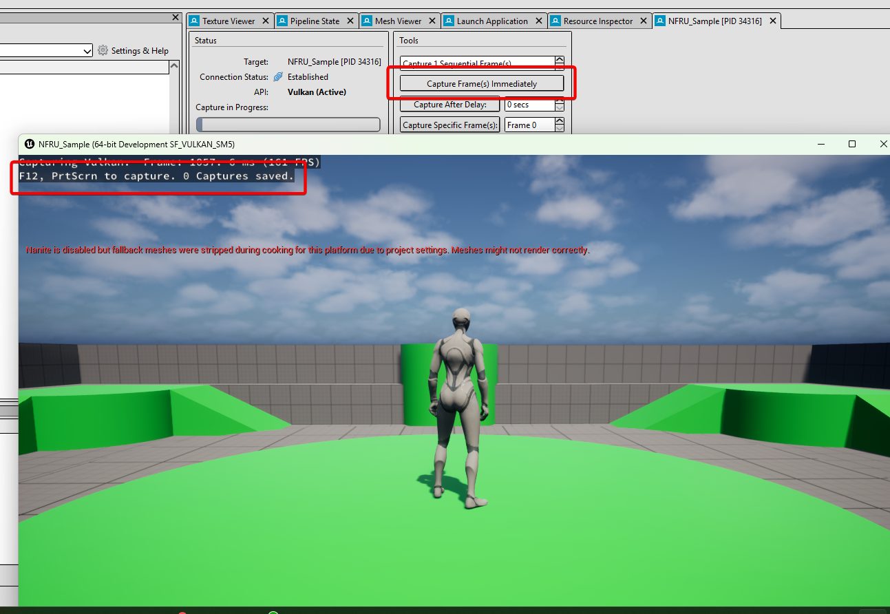 Image Alt Text:RenderDoc for Arm GPUs interface showing the capture frame button and a running application. This demonstrates how to capture a frame during execution