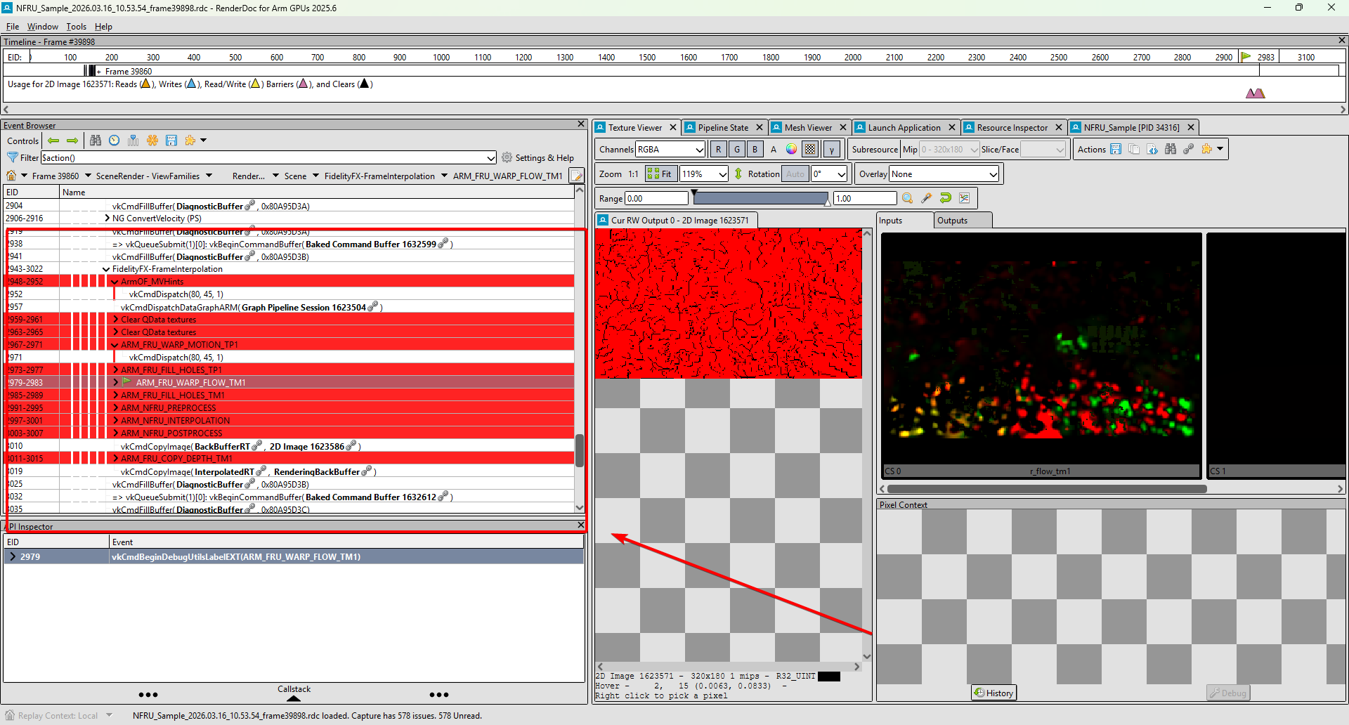 Image Alt Text:RenderDoc event browser displaying a list of Vulkan API calls and draw events. This helps you trace rendering operations and debug pipeline stages