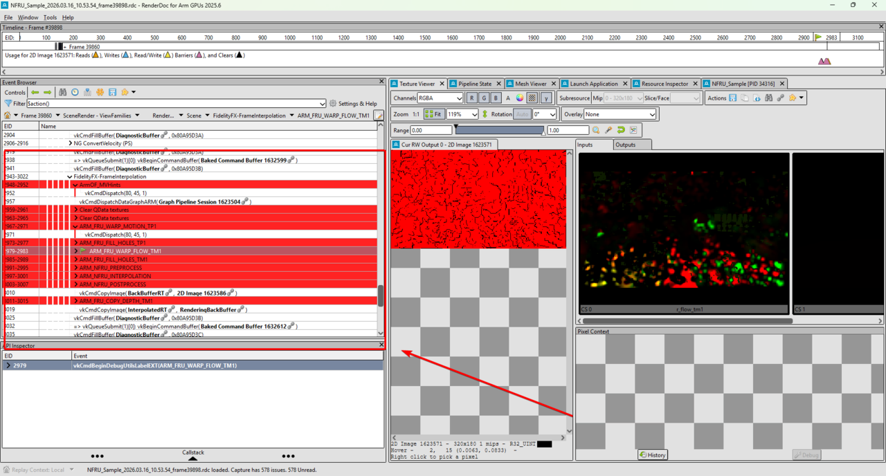Image Alt Text:RenderDoc event browser displaying a list of Vulkan API calls and draw events. This helps you trace rendering operations and debug pipeline stages
