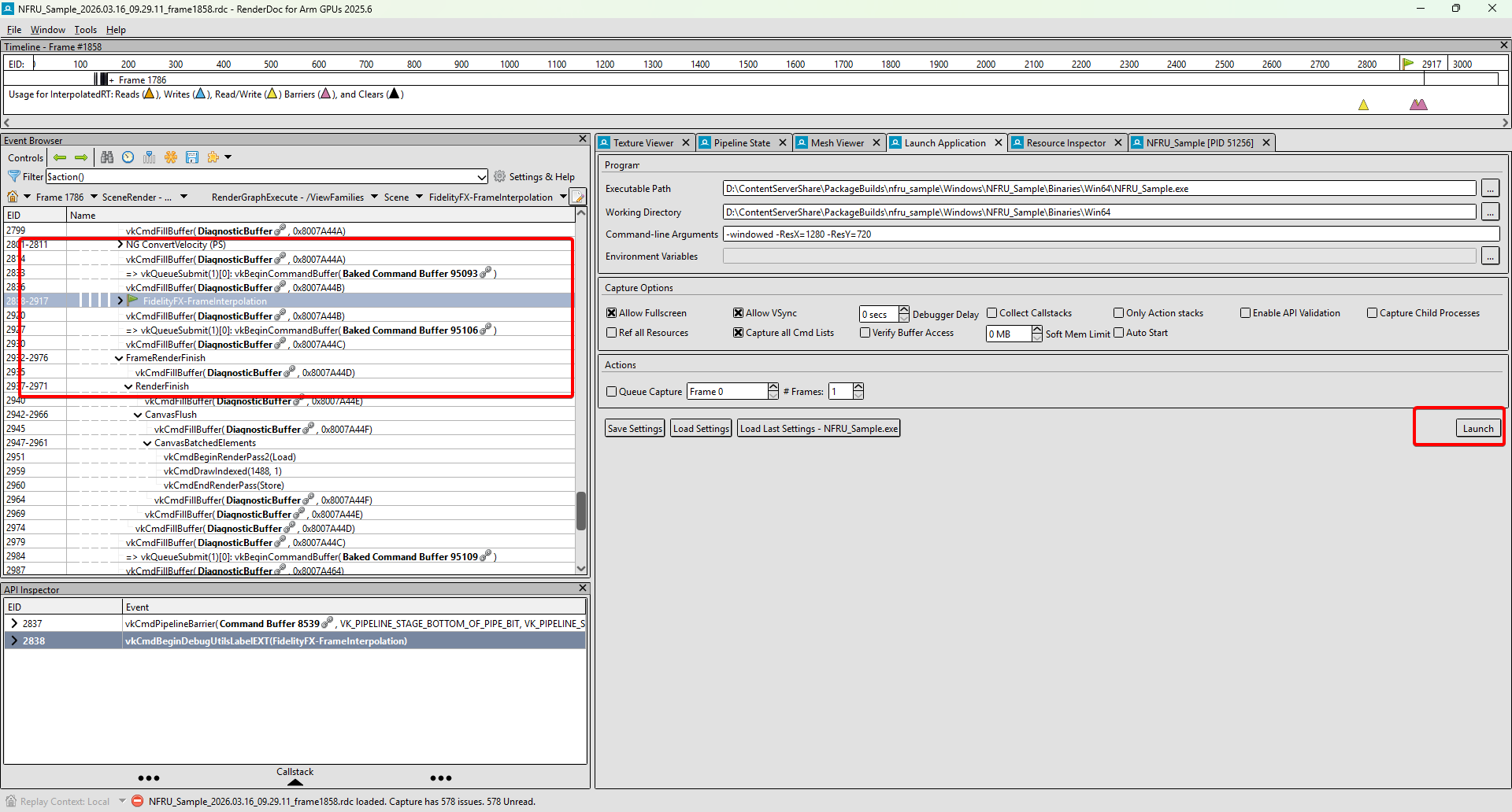 Image Alt Text:RenderDoc for Arm GPUs Launch Application tab showing the NFRU_Sample executable and working directory, with the Launch button highlighted