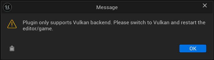 Image Alt Text:Vulkan backend error message in Unreal Engine