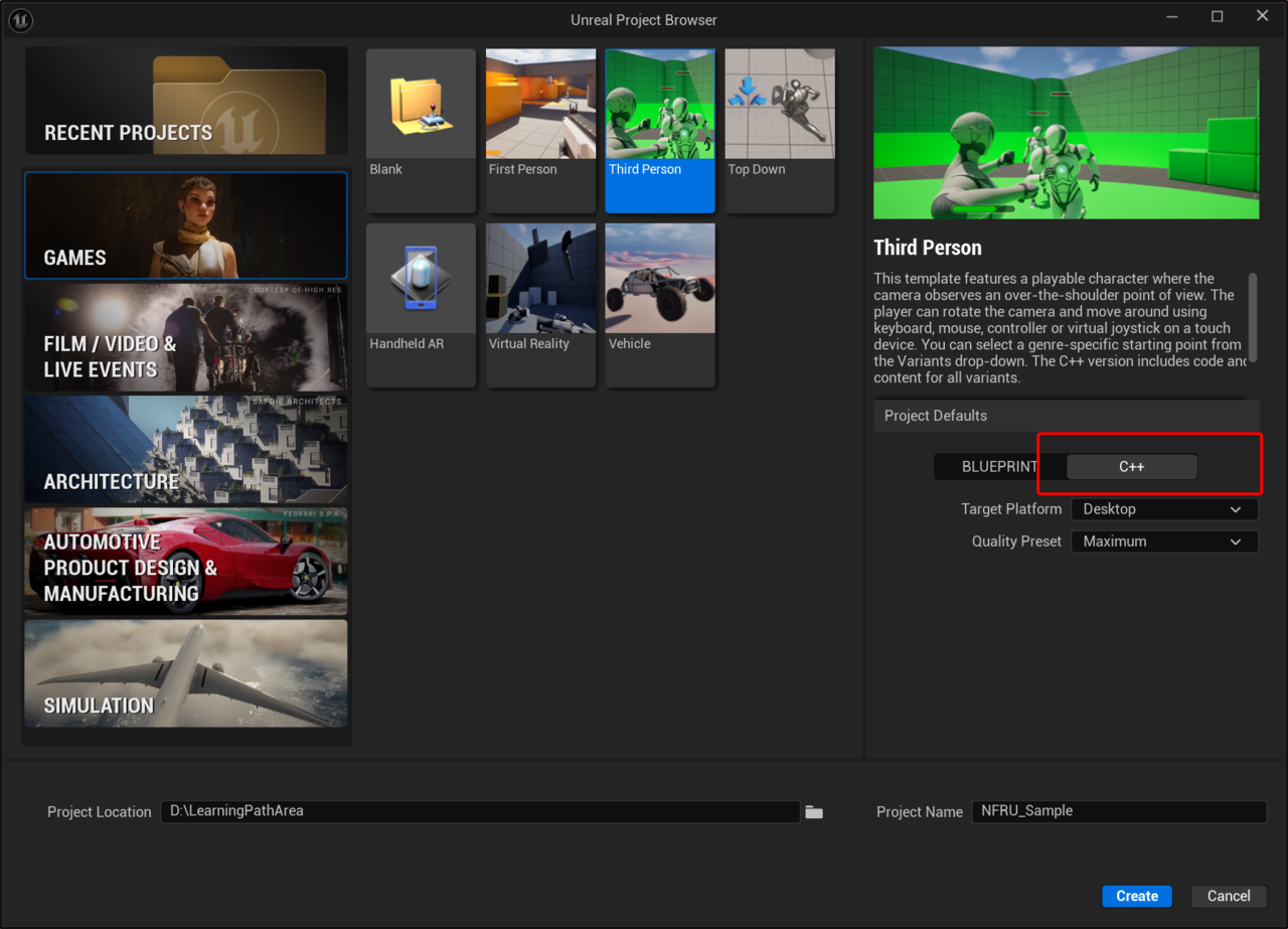 Image Alt Text:Unreal Engine project selection screen showing a C++ Third Person template