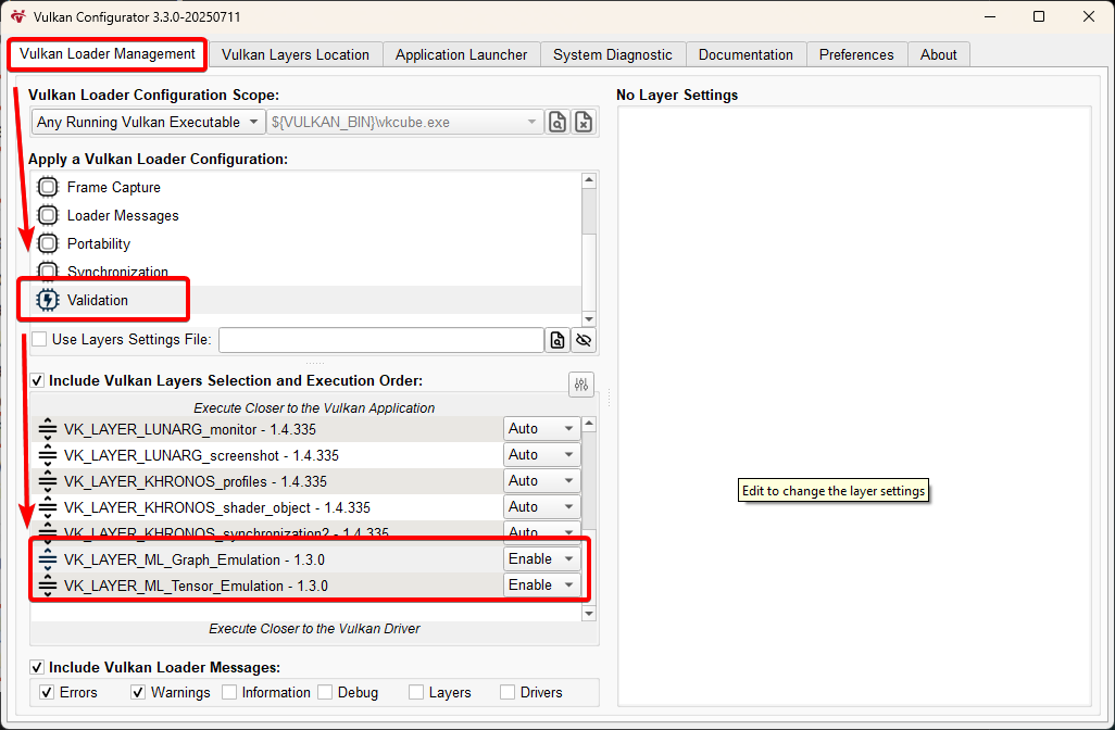 Image Alt Text:Vulkan Configurator showing the Graph layer above the Tensor layer
