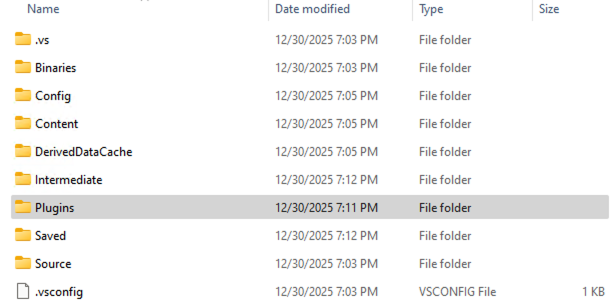 Image Alt Text:Windows File Explorer showing project directory with newly created Plugins folder alongside other project directories