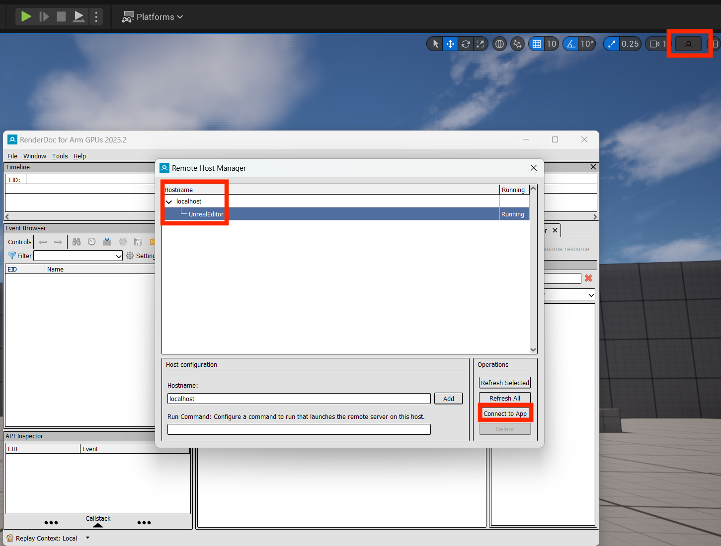 Image Alt Text:RenderDoc capture button in Unreal Engine Level Viewport, or Attach to Running Instance 