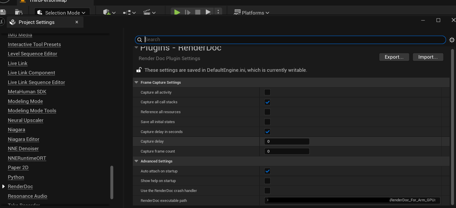 Image Alt Text:RenderDoc plugin path setup in Unreal Engine