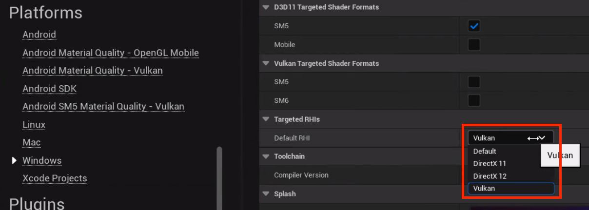 Image Alt Text:Project Settings with Vulkan selected as Default RHI under Targeted RHIs