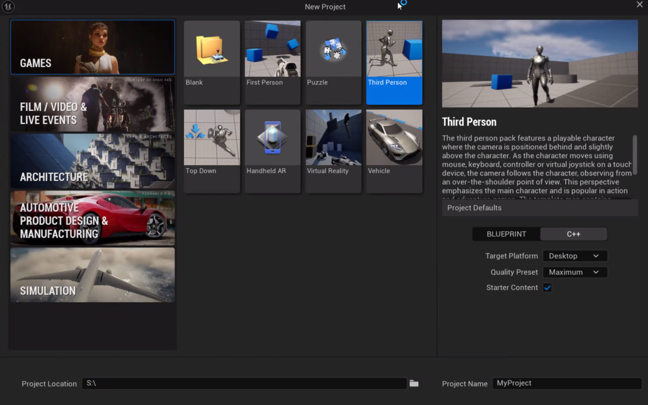Image Alt Text:Unreal Engine project selection screen showing C++ Third Person template