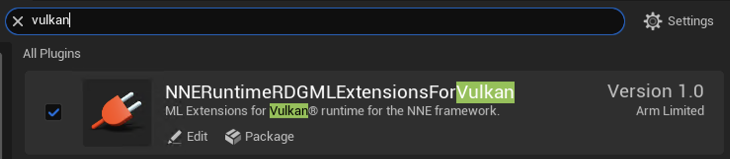 Image Alt Text:Unreal Engine plugins window showing NSS and NNERuntimeRDGMLExtensionsForVulkan enabled