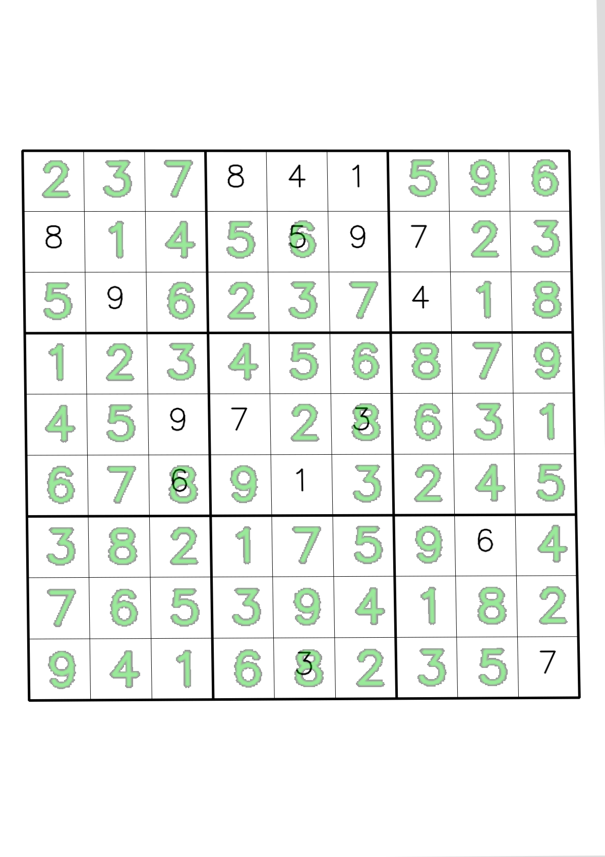 Image Alt Text:Sudoku processing pipeline result showing the original camera-like input image on the left and the solved puzzle with green-filled digits overlaid on the right