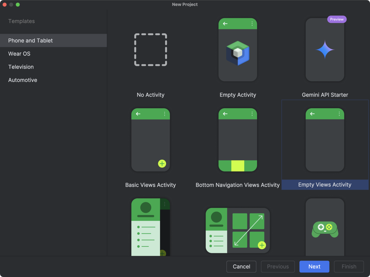 Image Alt Text:Android Studio create project screen showing template selection with Empty Views Activity highlighted