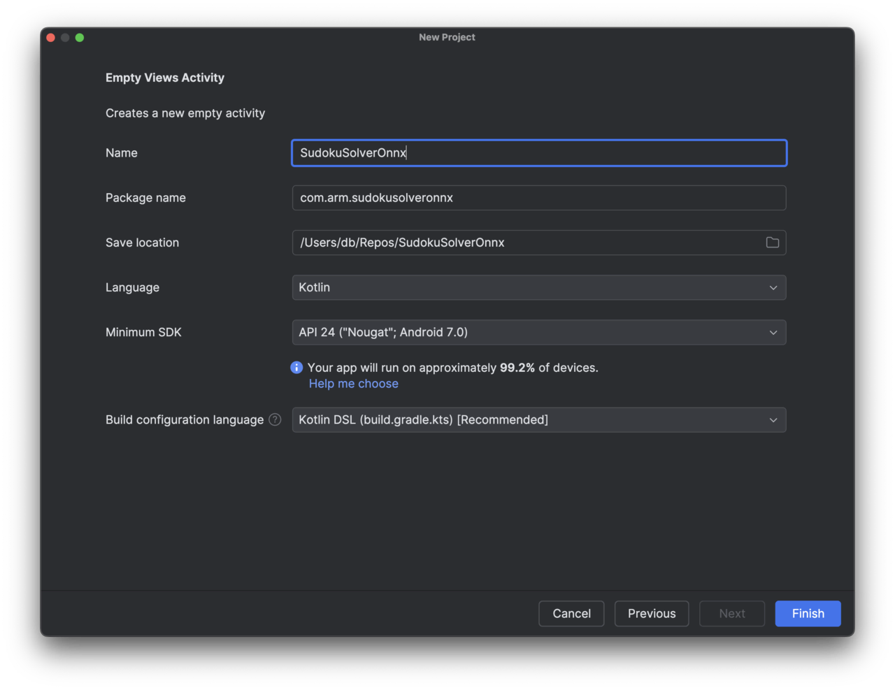 Image Alt Text:Android Studio project configuration screen showing project name SudokuSolverOnnx with Kotlin selected and minimum SDK set to API 24