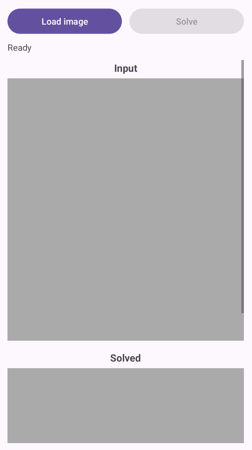 Image Alt Text:Android app user interface showing two buttons at the top (Load image and Solve), a status text field, and placeholder areas for input and output Sudoku images