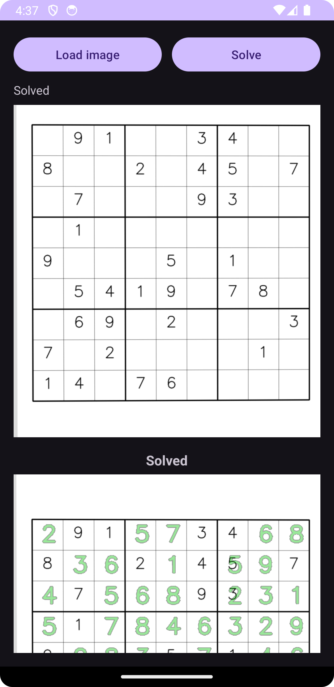 Image Alt Text:Android app running on device showing original Sudoku puzzle in top half and solved puzzle with green digits filled in bottom half