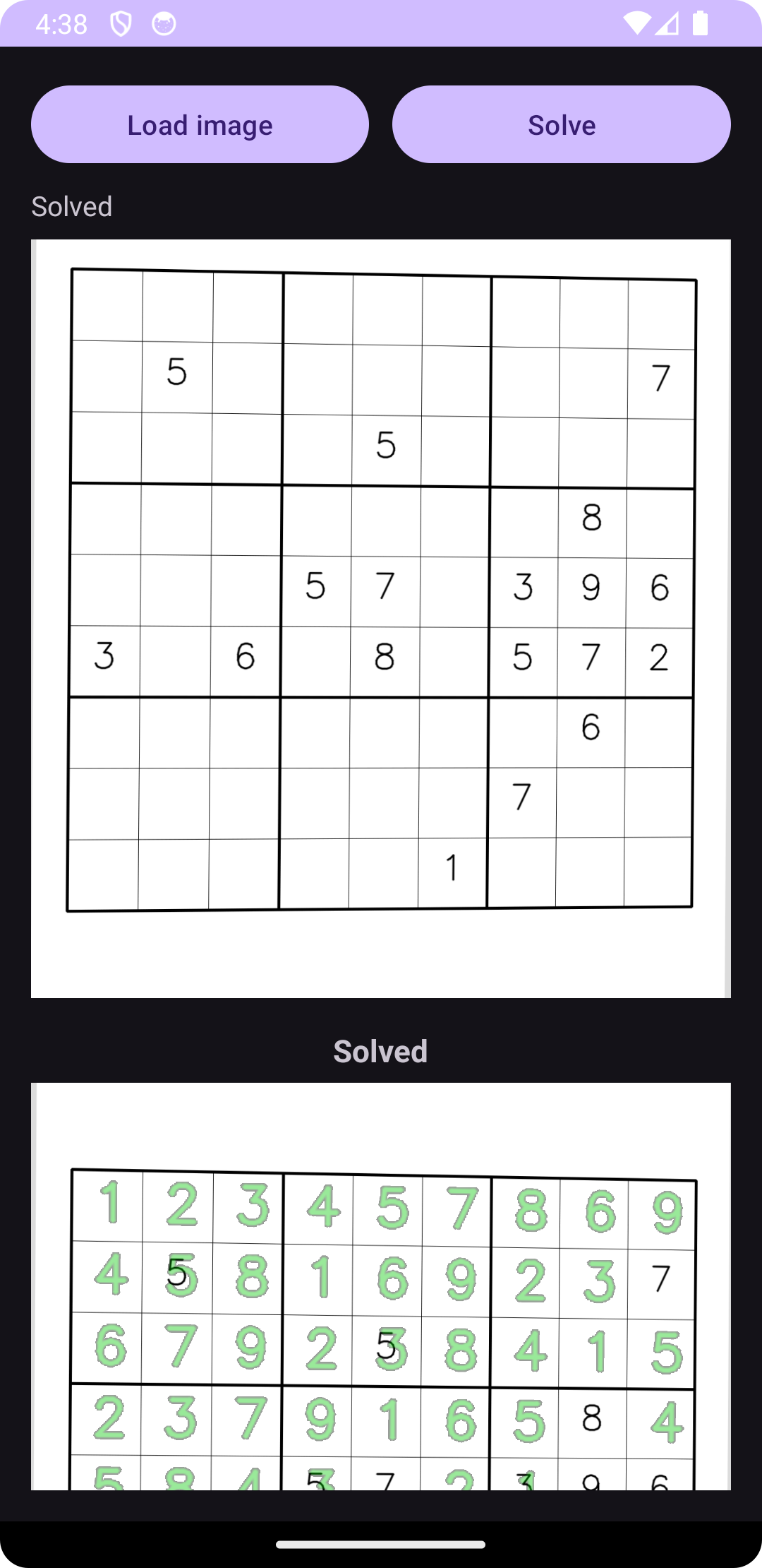 Image Alt Text:Second example of Android app showing different Sudoku puzzle and its solution with green overlay digits