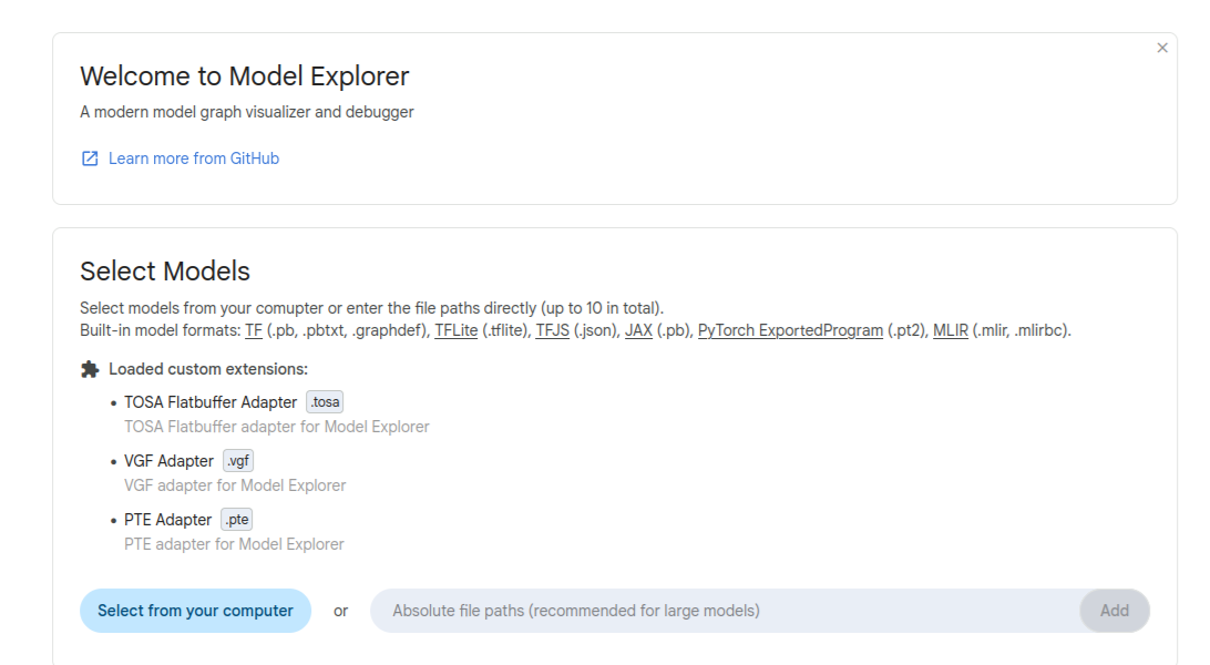 Image Alt Text:Screenshot of the Model Explorer home screen with adapter support enabled for model artifact inspection