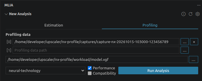 Image Alt Text:MLIA New Analysis with Profiling selected, the capture directory and model.vgf entered, neural-technology selected, and Performance enabled.