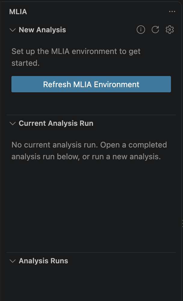 MLIA's New Analysis view prompts you to set up the environment. Select Refresh MLIA Environment to begin setup.