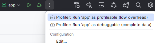 Image Alt Text:Android Studio profiling run types alt-text